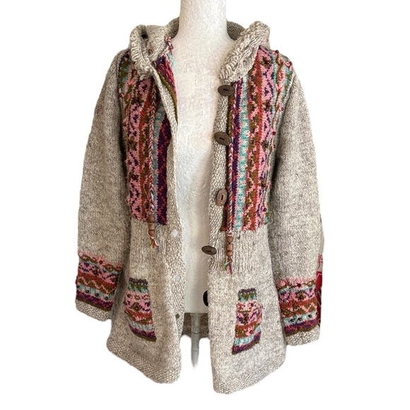 Lost Horizons Hand Knit Embroidered Beaded Hooded Wool Chunky Cardigan - M - Picture 11 of 11